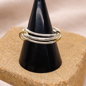 Two-Tone Sterling Silver Multi Band Ring with Gold Accents, Interlocking Rings, Dainty Stacking Silver & Gold Plated Jewelry, Holiday Gift