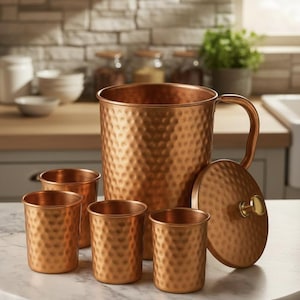 Vattenkanna i 100 % ren koppar, handgjord kopparkanna med koppar, läckagesäkert Ayurvediskt kopparvattenset, perfekt födelsedagspresent till honom