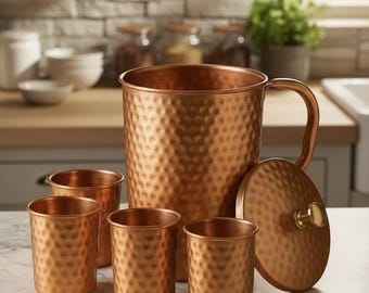 100% Pure Copper Water Pitcher Set, Handmade Copper Jug with Cups, Leak-Proof Ayurveda Copper Water Set, Perfect Birthday Gift for Him