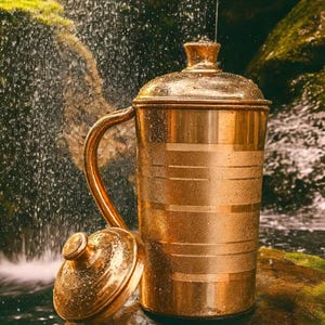 Puede incluir: Una jarra de metal de color dorado con tapa y asa, sobre un fondo de cascada y exuberante vegetación. La jarra tiene líneas horizontales grabadas y un asa curva. La tapa está colocada junto a la jarra.
