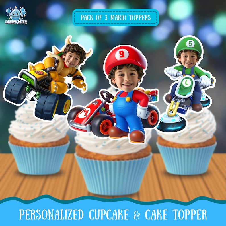 May include: Three cupcakes topped with Mario-themed character toppers. The toppers feature images of Mario, Bowser, and Luigi on their vehicles. The cupcakes have white frosting and blue cupcake liners. Text on the image reads "Pack of 3 Mario Toppers" and "Personalized Cupcake & Cake Topper."