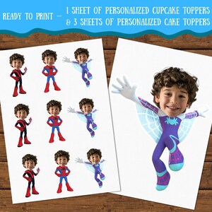 Puede incluir: Dos hojas de adornos personalizados para cupcakes y pasteles con la cara de un ni&ntilde;o con disfraces de superh&eacute;roe. Una hoja incluye seis adornos del ni&ntilde;o como Spider-Man y la otra hoja tiene una imagen grande.