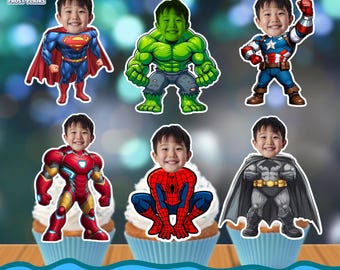 Adorno para tarta de superhéroes personalizado: Cara personalizada, cumpleaños de los Vengadores (descarga digital)