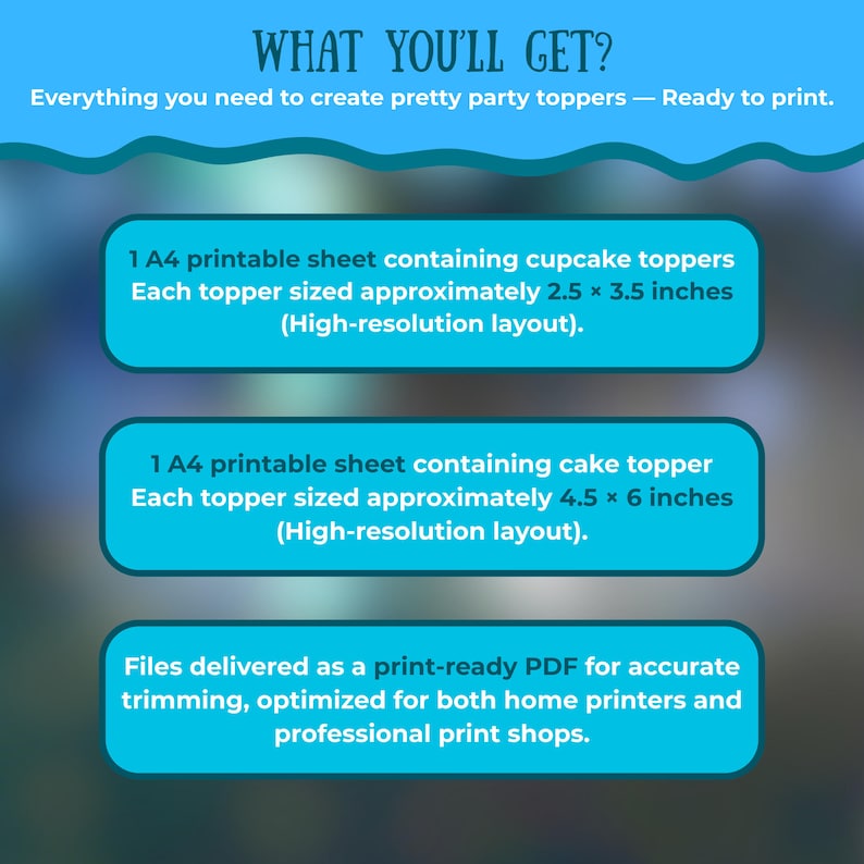 May include: A teal graphic with the text "WHAT YOU'LL GET?" and information about printable party toppers. Includes details on cupcake and cake toppers, with sizes in inches, and print-ready PDF files.