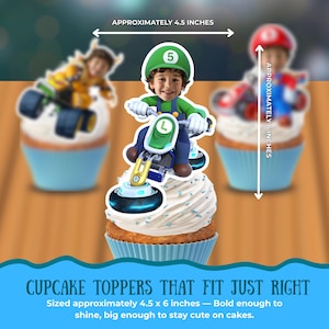 May include: Cupcake toppers featuring cartoon characters on motorcycles. The toppers are approximately 4.5 x 6 inches. The image includes the text "CUPCAKE TOPPERS THAT FIT JUST RIGHT".