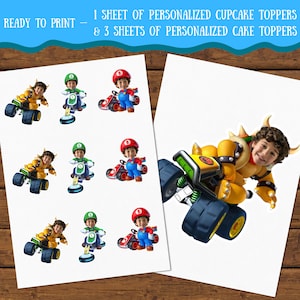 May include: Sheets of personalized cupcake and cake toppers featuring children dressed as characters in a racing theme. The toppers include images of children in race cars and karts. The text "READY TO PRINT" is at the top.
