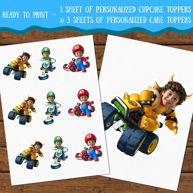 May include: Sheets of personalized cupcake and cake toppers featuring children dressed as characters in a racing theme. The toppers include images of children in race cars and karts. The text "READY TO PRINT" is at the top.