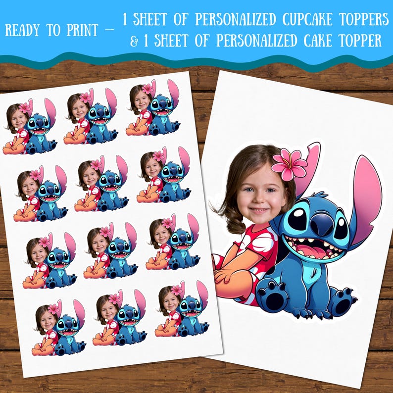 Puede incluir: Dos hojas de adornos personalizados para cupcakes y pasteles. Una hoja tiene 12 adornos para cupcakes con un personaje de dibujos animados y la cara de un ni&ntilde;o. La otra hoja tiene un adorno grande para pastel. Texto: LISTO PARA IMPRIMIR.