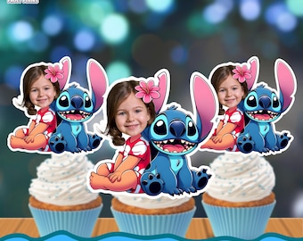 Adornos personalizados para cupcakes y pasteles con la cara de Lilo y Stitch (Descarga de archivo digital)