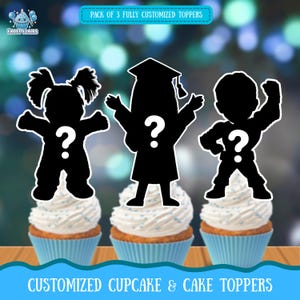 May include: Three cupcakes with white frosting and blue sprinkles, each topped with a black silhouette figure and a white question mark. The figures include a child with pigtails, a graduate, and a superhero. Text reads "PACK OF 3 FULLY CUSTOMIZED TOPPERS" and "CUSTOMIZED CUPCAKE & CAKE TOPPERS."
