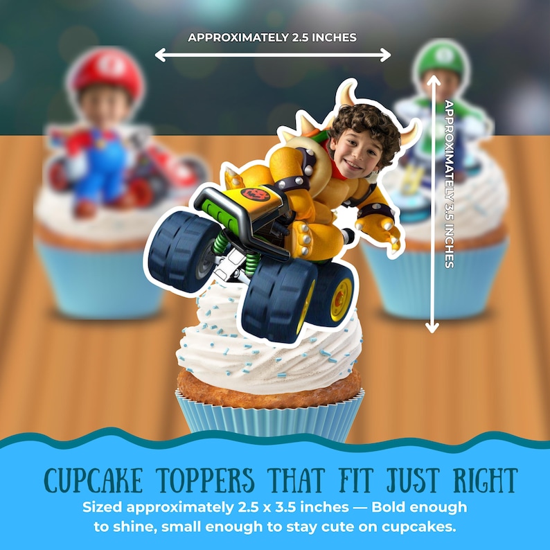 May include: Cupcake toppers featuring a Bowser character on a kart, approximately 2.5 x 3.5 inches. The toppers are placed on cupcakes with white frosting and blue cupcake liners. The image includes other blurred cupcake toppers.