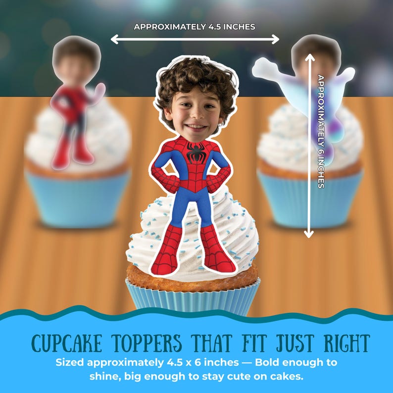 Puede incluir: Adornos para cupcakes con un ni&ntilde;o disfrazado de Spider-Man, de aproximadamente 11,4 x 15,2 cm. La imagen incluye el texto "Cupcake toppers that fit just right". Los adornos est&aacute;n dise&ntilde;ados para ser lo suficientemente audaces para brillar y lindos en los pasteles.