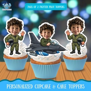 Personalized Face Fighter Pilot Cupcake & Cake Toppers | Aviation Theme Birthday Party Decor (Digital Download)