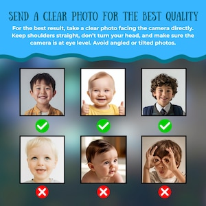 May include: Image with text: "SEND A CLEAR PHOTO FOR THE BEST QUALITY." The image provides examples of good and bad photos. The good photos show children facing the camera directly. The bad photos show children with angled or tilted faces. The text advises taking clear photos.