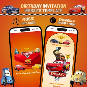 May include: A digital birthday invitation website template featuring Cars characters. The design includes a red envelope with the number 95, a trophy, and text reading "You're Invited," "Emiliano Turns 6," and "I Am Speed. Ka-Chow!" displayed on two smartphone screens.