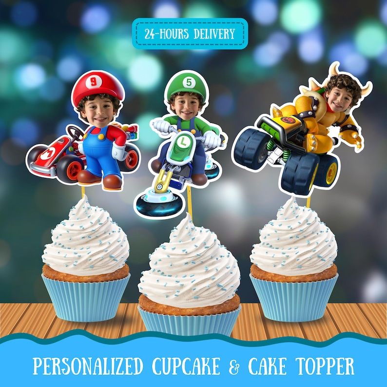 May include: Three cupcakes with white frosting and blue sprinkles, each topped with a character from a video game. The characters are on vehicles. The text "24-HOURS DELIVERY" is at the top. The text "PERSONALIZED CUPCAKE & CAKE TOPPER" is at the bottom.