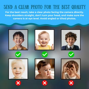 Puede incluir: Una imagen con el texto "SEND A CLEAR PHOTO FOR THE BEST QUALITY" e instrucciones para tomar una foto clara. Muestra ejemplos de fotos buenas y malas de ni&ntilde;os, marcadas con marcas de verificaci&oacute;n verdes y cruces rojas.