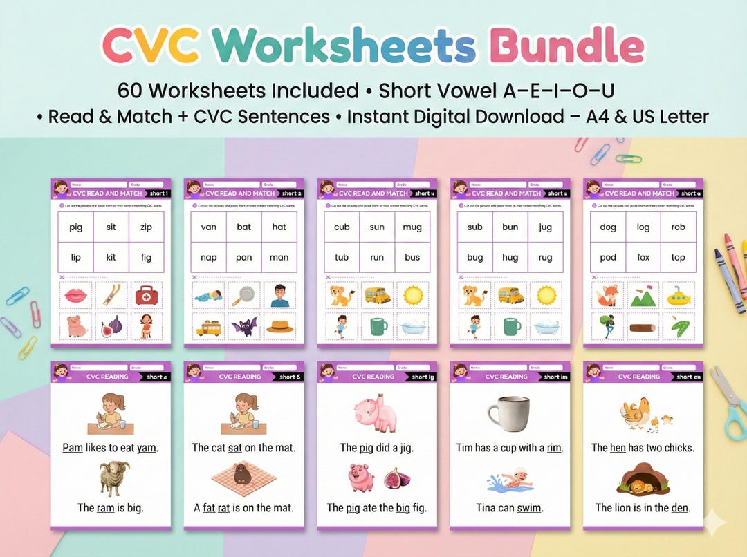 CVC Reading Worksheets Bundle – Phonics, Short Vowel Practice (PDF) - Etsy