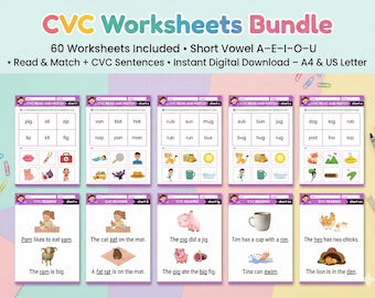 CVC Reading Worksheets Bundle – Phonics, Short Vowel Practice (PDF) | Preschool, Kindergarten, Grade 1 | Simple Sentences, Read & Match