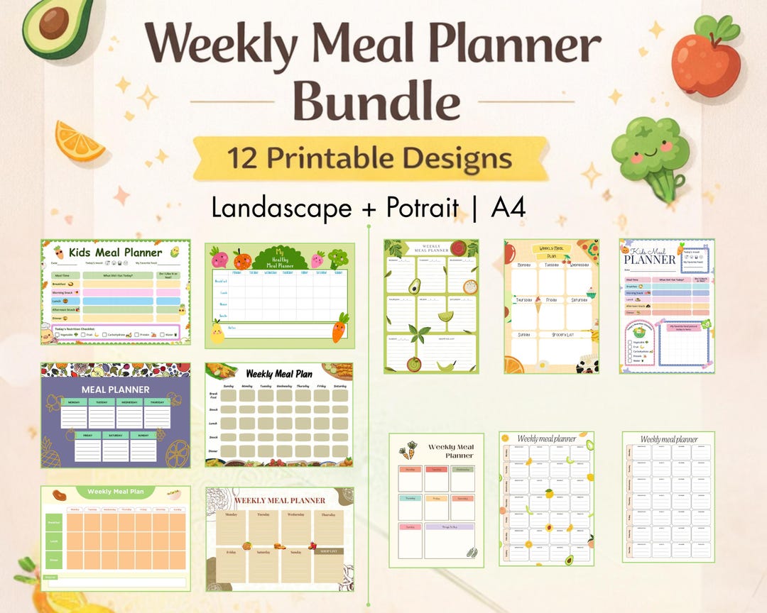 Weekly Meal Planner Bundle Printable | Portrait & Landscape | 12 ...