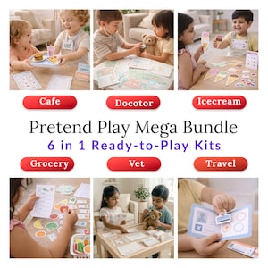 Pode incluir: Um Pretend Play Mega Bundle com 6 kits prontos para brincar, incluindo os temas Cafe, Doctor, Icecream, Grocery, Vet e Travel. O conjunto contém vários itens de brincadeira em papel, menus, listas de verificação e acessórios de RPG.
