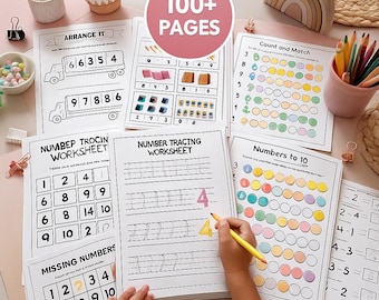 100+ Math Worksheets | Preschool, Kindergarten Printable (PDF) | Count and Match, Addition, Subtraction, Trace and Write | Digital Download