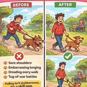 Könnte beinhalten: Eine Illustration, die den Vergleich des Gassi-Gehens zeigt. Das „Vorher“ zeigt eine Person, die mit einem Hund kämpft, während das „Nachher“ einen ruhigen Spaziergang zeigt. Der Text lautet „Are Your Walks Like This?“ und „Pulling isn't stubbornness. It's a skill gap.“