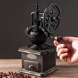 Könnte beinhalten: Ein schwarzer Kaffeemühle im Vintage-Stil mit Handkurbel und Holzsockel. Die Mühle hat ein großes Rad und eine kleine Schublade. Kaffeebohnen sind auf der Holzoberfläche verstreut. Das Wort "CAFE" ist sichtbar.