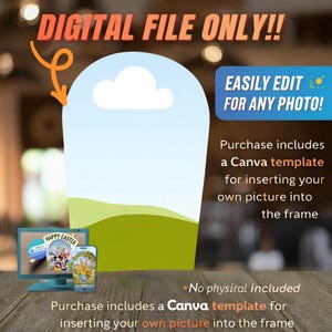 May include: Digital file template with a cloud and landscape design. The text reads "DIGITAL FILE ONLY!!" and "EASILY EDIT FOR ANY PHOTO!". Includes a Canva template for inserting your own picture into the frame. A computer and phone display the template.