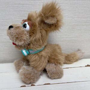 May include: A plush dog toy with shaggy light brown fur, large white eyes with green irises, and a small black nose. The stuffed animal features a bright turquoise collar with white trim and a red tongue visible inside its open mouth.