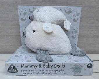 Early Learning Centre Eco-friendly Mummy & Baby White Seals Soft Toys Plush NEW in Box