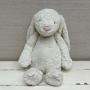 May include: A plush stuffed animal in the shape of a rabbit with soft, cream-colored fur. The rabbit features long, floppy ears, a small pink stitched nose, and dark, round eyes. The toy is seated in an upright position with its arms at its sides.