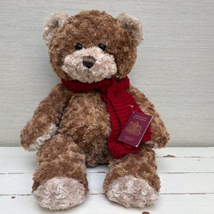 Può includere: Un orsacchiotto marrone con una sciarpa rossa e un'etichetta. L'orso ha una morbida pelliccia strutturata e accenti marrone chiaro su zampe, orecchie e muso. La sciarpa rossa aggiunge un tocco di colore.