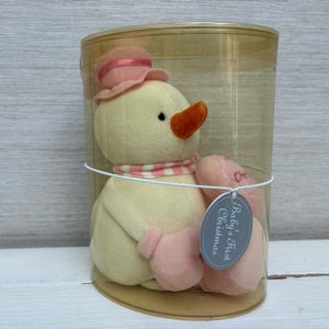 Vintage Russ Berrie Baby's First Christmas Pink Snowman Plush In Presentation Tube (circa 1998–2003)