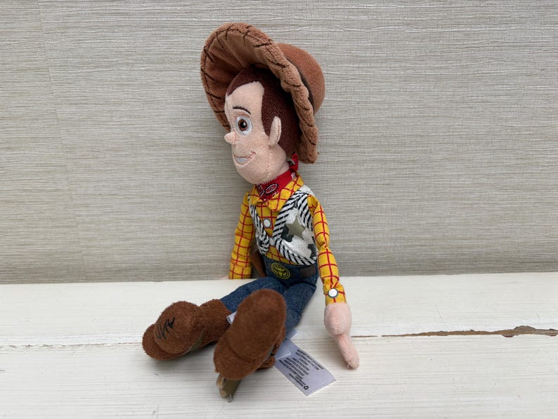 May include: A plush toy of the character Woody from the movie Toy Story. Woody is wearing a brown cowboy hat, a yellow plaid shirt, blue jeans, and brown boots. He has a red neckerchief and a sheriff's badge.