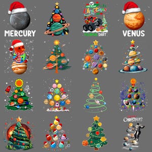 以下が含まれることがあります： 惑星と宇宙要素をテーマにしたクリスマスデザインのコレクション。サンタ帽をかぶった惑星、惑星で飾られたクリスマスツリー、惑星をテーマにした装飾が施された雪だるまの画像が含まれています。「MERCURY」の文字が見えます。