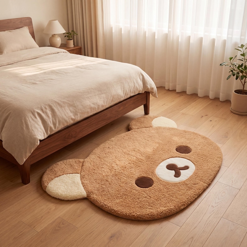 May include: A brown bear-shaped rug with a white and brown face, and two beige ears. The rug is made of a soft, plush material and is placed on a hardwood floor in a bedroom setting.