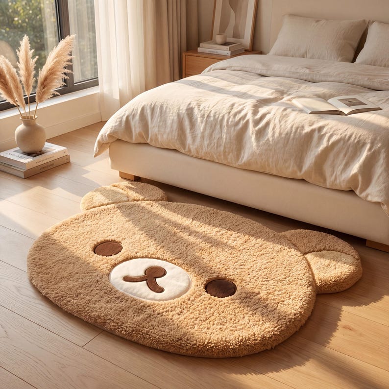 May include: A plush, brown bear-shaped rug with a cream-colored face and dark brown accents. The rug is placed on a hardwood floor near a bed with beige bedding. The rug's dimensions are approximately 40 inches long and 30 inches wide.