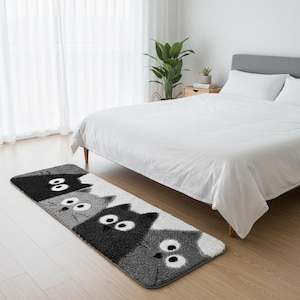 Lekfull kattmönstrad golvmatta, modern heminredning