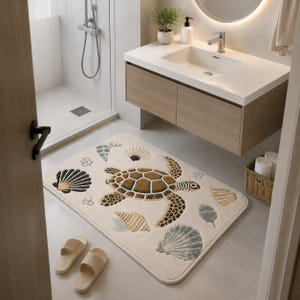 Könnte beinhalten: Beige rechteckige Badematte mit einem Design einer Meeresschildkröte und Muscheln. Die Schildkröte ist braun und beige, umgeben von Muscheln in Beige, Blau und Schwarz. Die Matte befindet sich in einem Badezimmer.