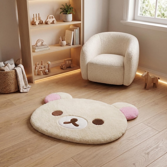 Kawaii Bear Plush Rug | Soft Teddy Bear Floor Mat, Japanese Style Nursery Carpet