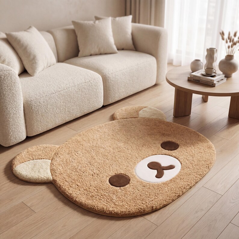 May include: A plush, brown bear-shaped rug with a white and brown face, and two brown ears. The rug is on a hardwood floor in a living room setting, near a cream-colored sofa and a wooden coffee table.