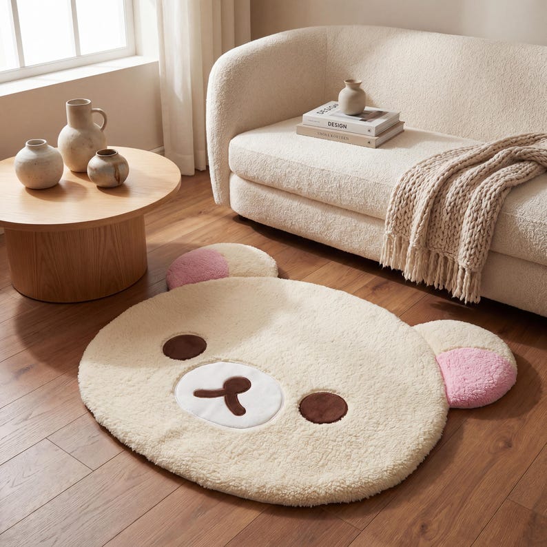 May include: A cream-colored, plush rug shaped like a bear's face, with brown eyes and nose, and pink inner ears. The rug is on a hardwood floor, with a sofa and coffee table in the background.
