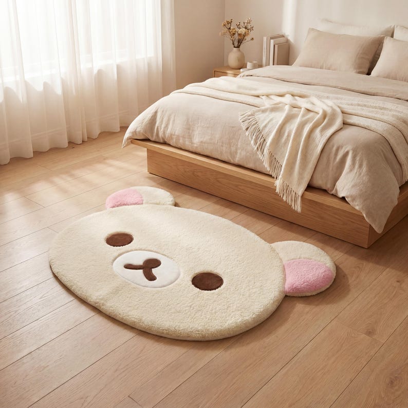 May include: A cream-colored, plush rug shaped like a bear's head, with brown eyes and a pink ear. The rug is on a hardwood floor near a bed with beige bedding. The rug measures approximately 40 inches long.