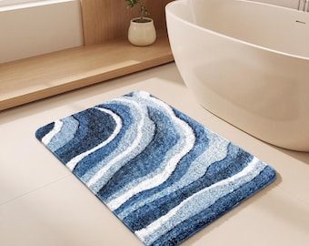 Blue Wave Bath Mat, Soft Absorbent Non-Slip Bathroom Rug, Modern Decor