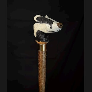 badger handcarved walking stick lime on hazel brass made uk