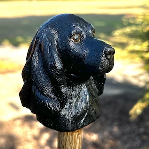 Cocker spaniel black hand carved & painted country walking stick. Alder on Holly