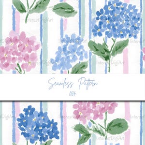 May include: Watercolor seamless pattern featuring blue and pink hydrangea flowers with green leaves and vertical stripes in light blue and pink. The text "Seamless Pattern 024" is displayed in a cursive font.