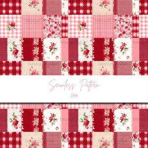 May include: A seamless pattern design featuring a patchwork of red, pink, and cream squares. The squares showcase floral, gingham, and dotted patterns. The text "Seamless Pattern 044" is displayed in a cursive font.