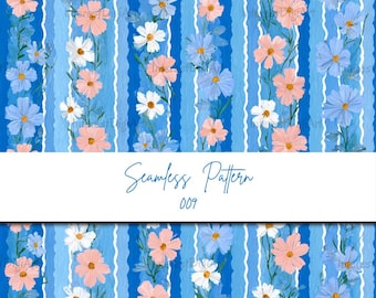 Cosmos Floral Stripe Seamless Pattern - Blaue und blush Wildblumen Aquarell Design für Stoff, Kinderzimmer Dekor & Quilten Projekte